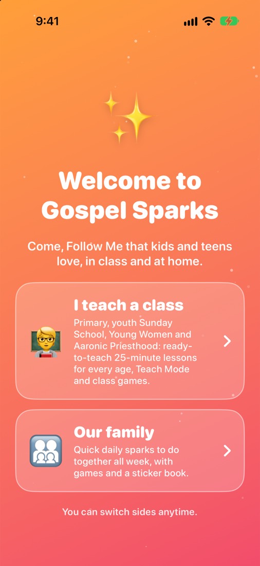Welcome to Gospel Sparks: choose “I teach a class” or “Our family.”